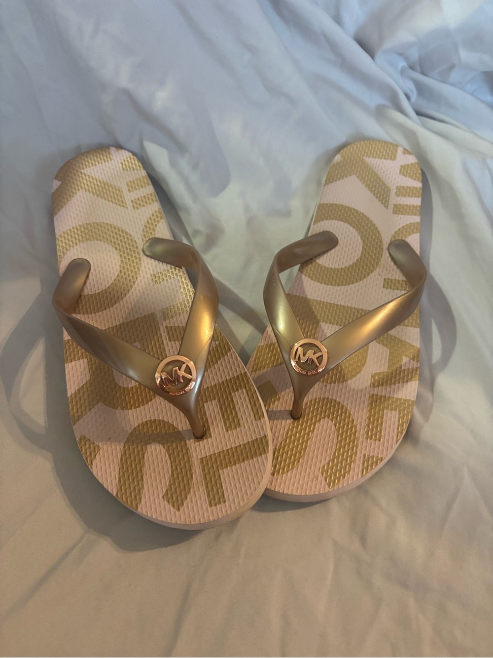 Michael Kors Beige and Gold Logo Flip Flops
